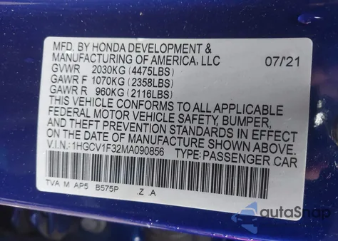 2021 Honda Accord Sport z USA, uszkodzony, nr VIN 1HGCV1F32MA090856